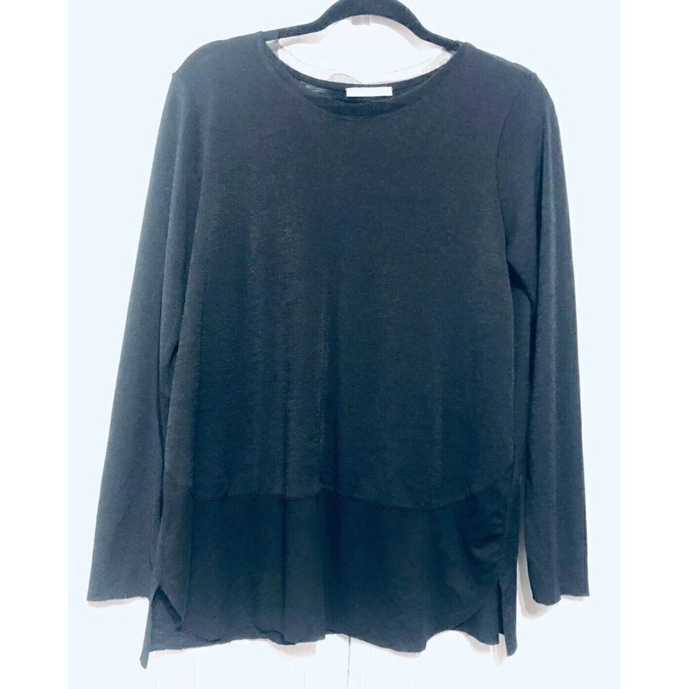 Zara Womens Large Black Long Sleeve Top Sheer Raw Hem Stretch Lagenlook